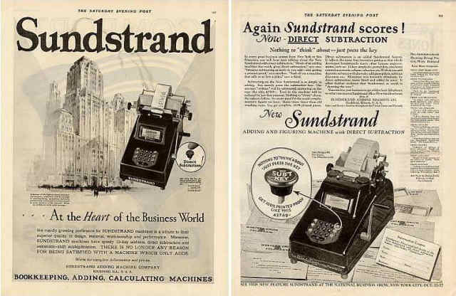 Sunstrand Adding Machine - Underwood Sunstrand 10 key Listing Machine with direct subtraction Saturday Evening Post